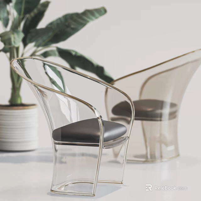 Transparent Leisure Chair With Gold Frame And Black Cushion Near Green Plant 3d model 