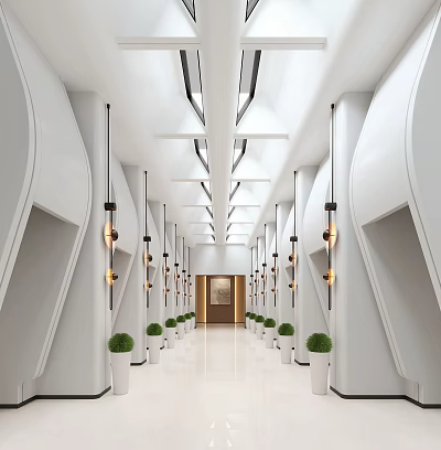 Hotel Corridor Interior Design With White Ceiling Lighting Side Lamps And Green Plants 3d model