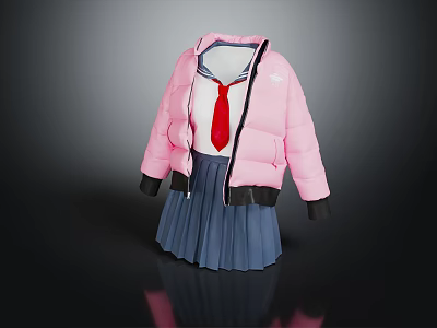 Pink Puffer Jacket Outfit with Red Tie and Blue Pleated Skirt Casual Style 3d model