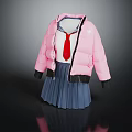Pink Puffer Jacket Outfit with Red Tie and Blue Pleated Skirt Casual Style