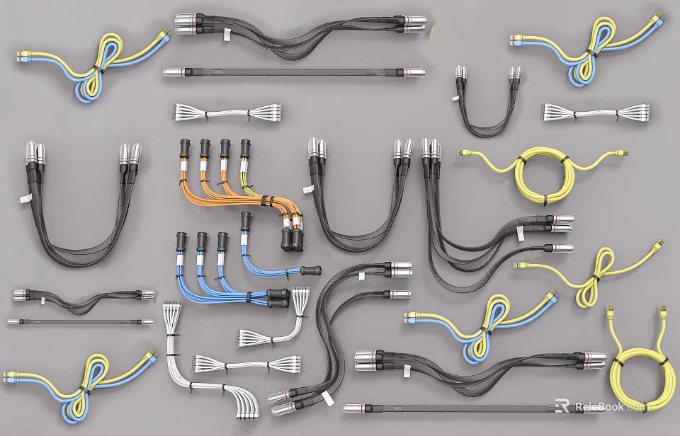 Assorted Colored Electrical Cables With Plugs And Connectors On Gray Surface 3d model 