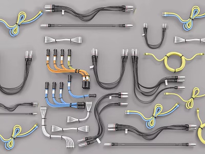 Assorted Colored Electrical Cables With Plugs And Connectors On Gray Surface 3d model