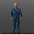 A Man in Blue Work Uniform Wearing Yellow Hard Hat Standing Against Dark Background