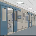 Bright Hospital Corridor With Blue Automatic Doors White Walls And Ceiling Lights 3d model