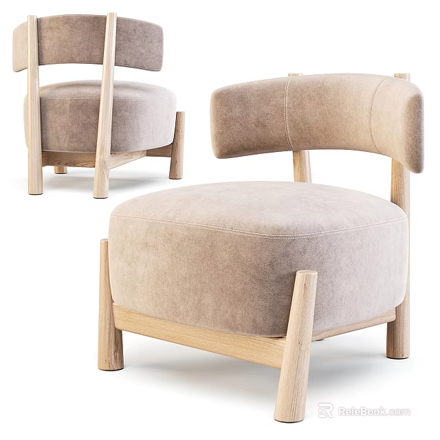 Modern Beige Single Sofa With Velvet Upholstery Wooden Legs And Curved Armrests 3d model 