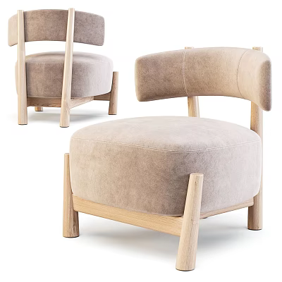 Modern Beige Single Sofa With Velvet Upholstery Wooden Legs And Curved Armrests 3d model