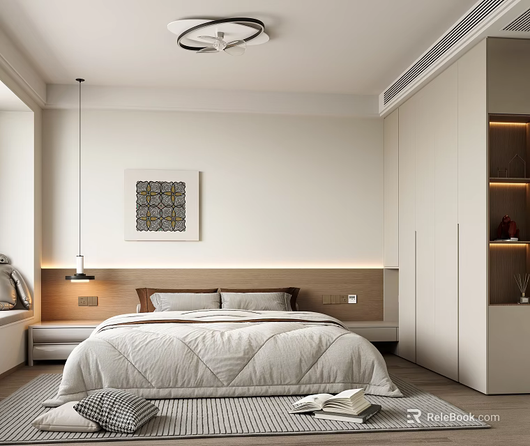 Modern Minimalist Bedroom Interior With White Bed Headboard Artwork Wardrobe And Pendant Light 3d model 