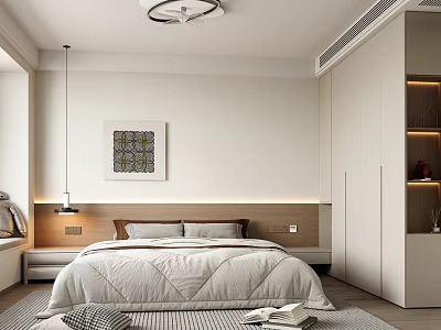 Modern Minimalist Bedroom Interior With White Bed Headboard Artwork Wardrobe And Pendant Light 3d model