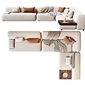 Beige L shaped Sectional Sofa With Decorative Pillows And Throw Blanket 3d model