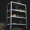 Industrial Equipment Storage Metal Rack With Multiple Shelves Holding Oil Drums Boxes Cans And Cables