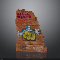 Red Brick Wall Featuring Colorful Graffiti Blue Cartoon Character And Yellow Objects