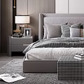 Modern Bedroom Interior With Gray Headboard Hanging Pendant Lights Wood And White Panel Walls