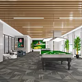 Modern Billiard Room Interior With Green Pool Table And Wooden Ceiling
