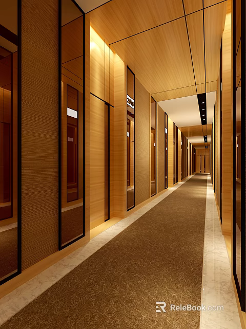 Modern Hotel Corridor With Wooden Walls Guest Room Doors And Warm Lighting 3d model 
