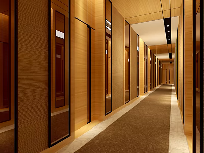 Modern Hotel Corridor With Wooden Walls Guest Room Doors And Warm Lighting 3d model