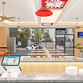 Chongqing Noodles Restaurant Green Wooden Interior With Order Counter Red Stools Menu Posters Ceiling Fans