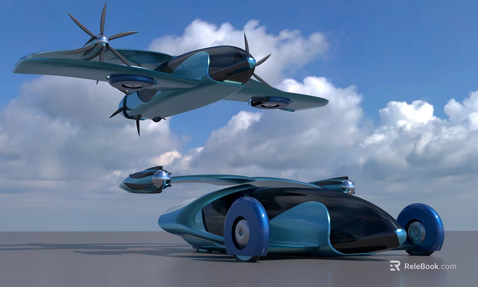 Futuristic Flying Vehicle And Ground Car With Streamlined Blue Design In Sky And Ground 3d model 