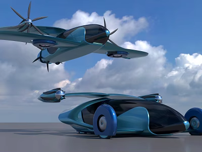 Futuristic Flying Vehicle And Ground Car With Streamlined Blue Design In Sky And Ground 3d model