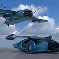 Futuristic Flying Vehicle And Ground Car With Streamlined Blue Design In Sky And Ground