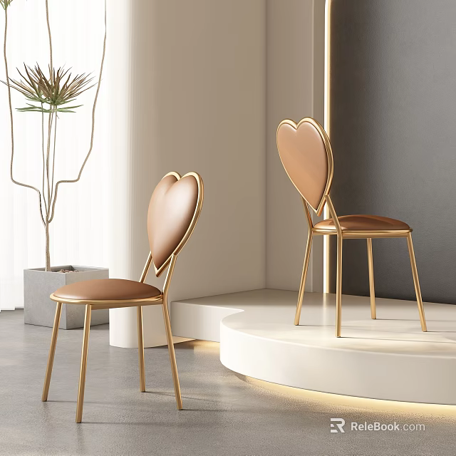 Elegant Heart Shaped Backrest Dining Chairs With Golden Frame And Brown Leather Seat 3d model 