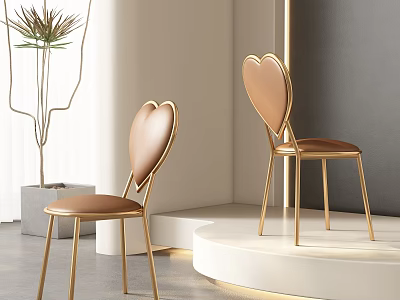 Elegant Heart Shaped Backrest Dining Chairs With Golden Frame And Brown Leather Seat 3d model