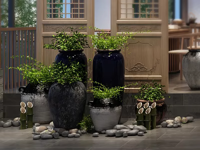 Traditional Bonsai Potted Plants In Ceramic Pots With Chinese Wooden Doors Stones And Small Lanterns 3d model