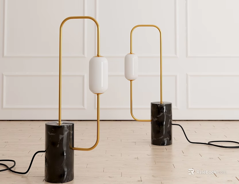 Modern Floor Lamps With Golden Frame Black Marble Base And White Cylindrical Shade 3d model 