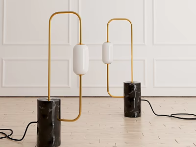 Modern Floor Lamps With Golden Frame Black Marble Base And White Cylindrical Shade 3d model
