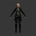 3D Model Of Blonde Female Warrior Character In Green Bodysuit And Black Gear