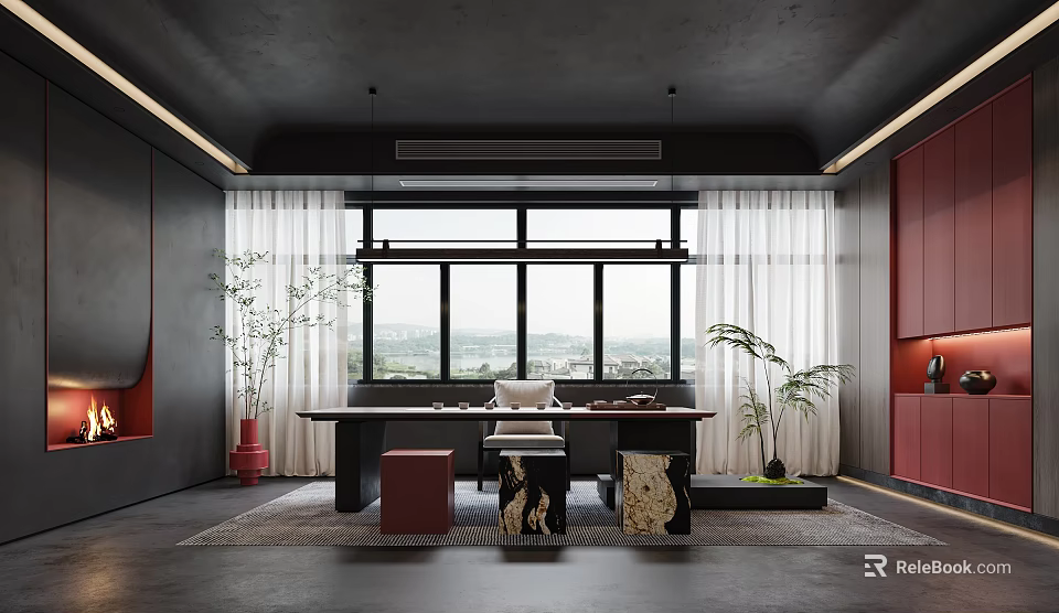 Modern Tea Room With Large Windows Green Plants And Minimalist Furniture 3d model 