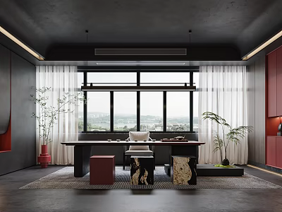 Modern Tea Room With Large Windows Green Plants And Minimalist Furniture 3d model