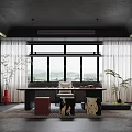 Modern Tea Room With Large Windows Green Plants And Minimalist Furniture