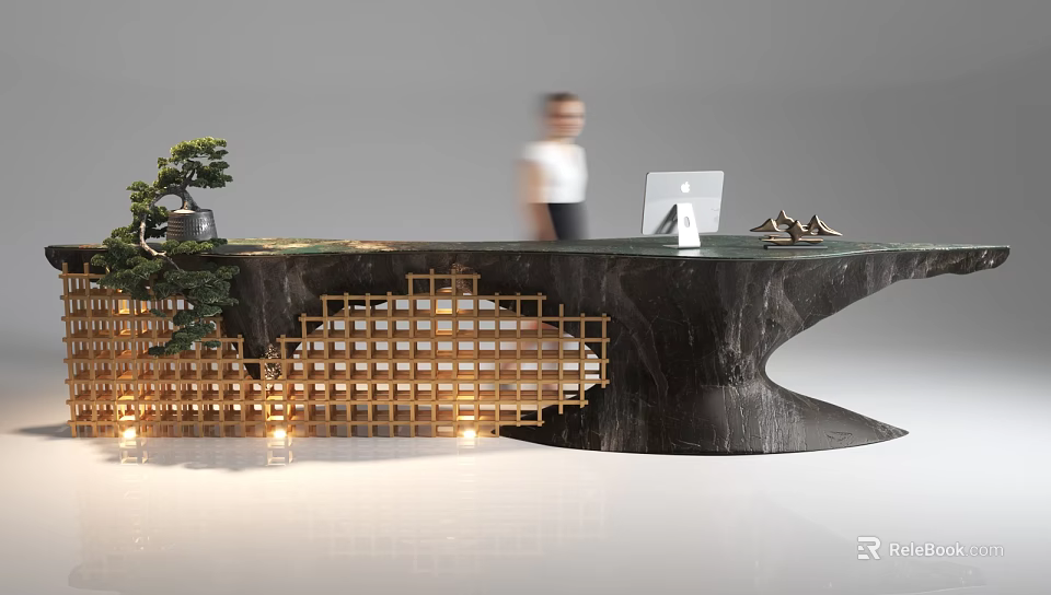 Elegant Reception Desk With Marble Top Wooden Lattice Green Plant And Computer 3d model 