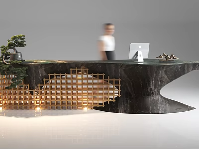 Elegant Reception Desk With Marble Top Wooden Lattice Green Plant And Computer 3d model
