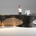 Elegant Reception Desk With Marble Top Wooden Lattice Green Plant And Computer