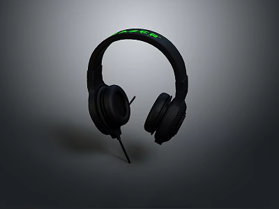 Black Wired Computer Gaming Headset with Green LED Headband Lights and Soft Ear Cups 3d model