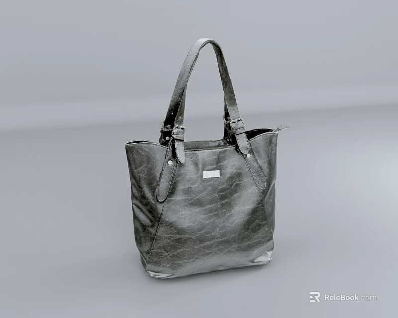 Gray Leather Handbag With Double Handles Metal Buckles And Small Label 3d model 