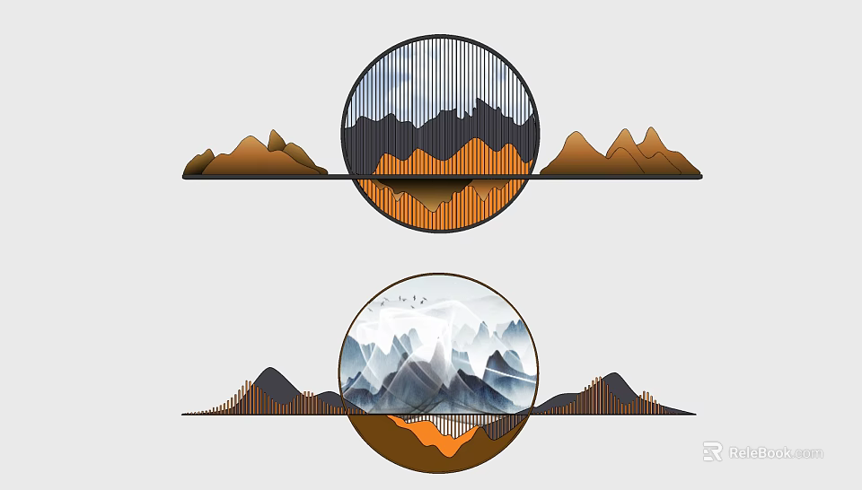 Elegant Circular Wall Decor Featuring Mountain Landscapes And Geometric Layered Patterns 3d model