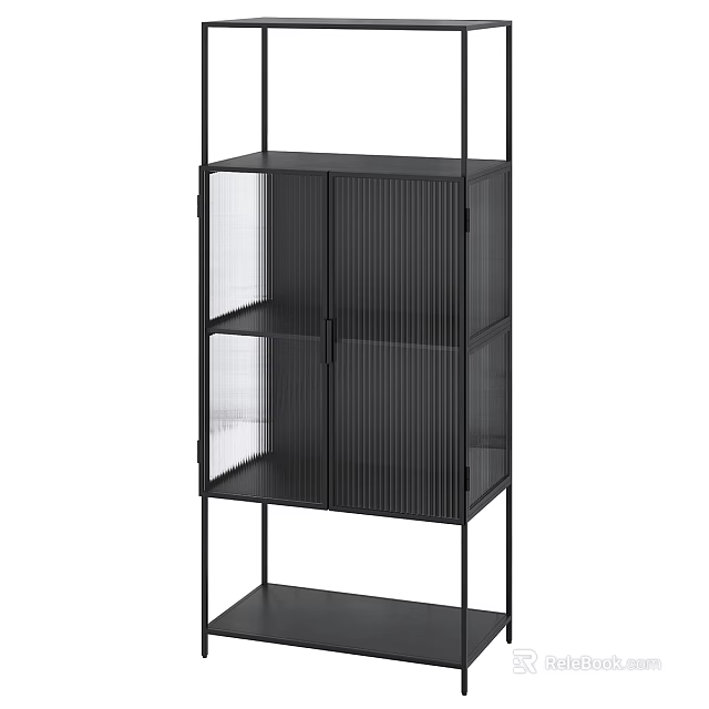 Modern Black Decorative Cabinet With Glass Doors And Metal Frame Shelves 3d model 