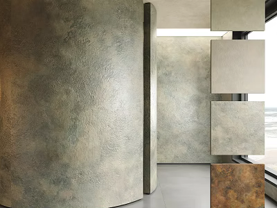 Modern Interior Featuring Gray Cylindrical Structure And Square Wall Panels With Ocean View 3d model