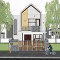 Modern Detached Villa Exterior with Balcony Green Plants Gate Number 1012 and Trees