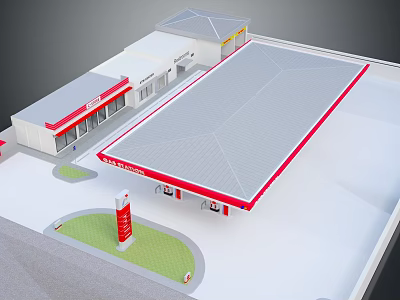 Gas Station Building With Gray Roof Red Trim And Advertising Pillar Structure 3d model