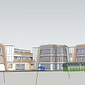 Modern Multistory School Building Exterior With Curved Roof And Glass Windows