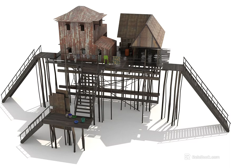 Traditional Rustic Stilt Houses With Wooden Structures Staircases And Connected Platforms 3d model 