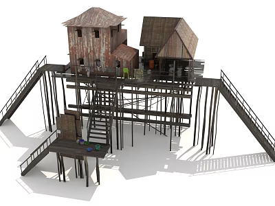 Traditional Rustic Stilt Houses With Wooden Structures Staircases And Connected Platforms 3d model