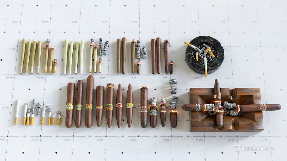 Decorative Ornament Set With Assorted Cigars Ashtray And Wooden Display Tray 3d model 