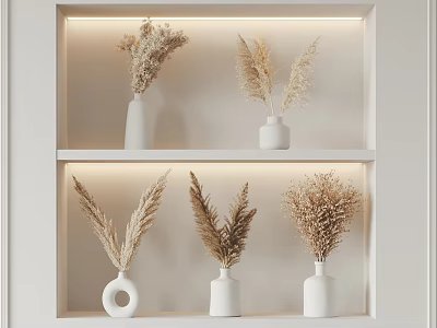 White Vases With Dried Flowers On Backlit Built In Shelves Interior Decor 3d model