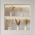 White Vases With Dried Flowers On Backlit Built In Shelves Interior Decor