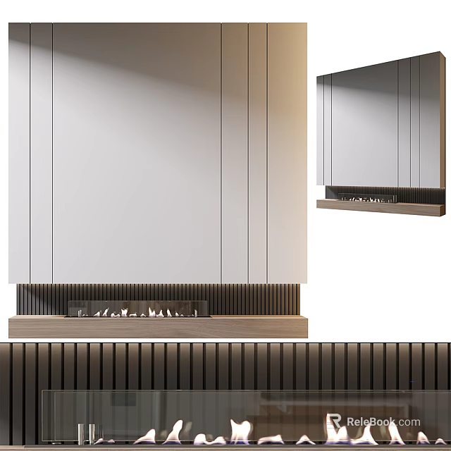 Modern Fireplace Interior Design With Wooden Base And Mirror Accents 3d model