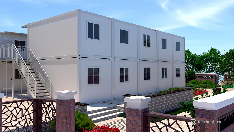 White Two Storey Container Building With Windows Staircase Brick Wall And Flowers 3d model